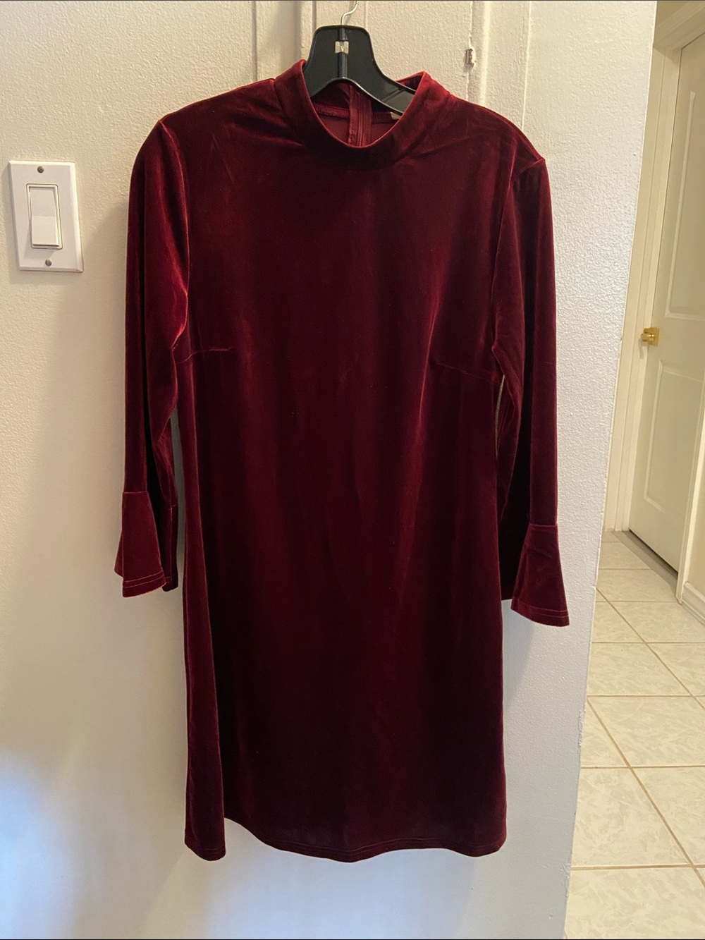 Velvet Mock-Neck Shift Dress in Wine